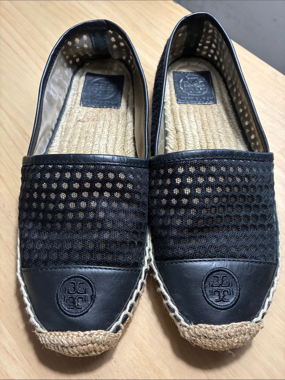 Tory Burch Grenada A-Line Espadrille Flat Loafers Mesh & Leather Cap Toe T Logo